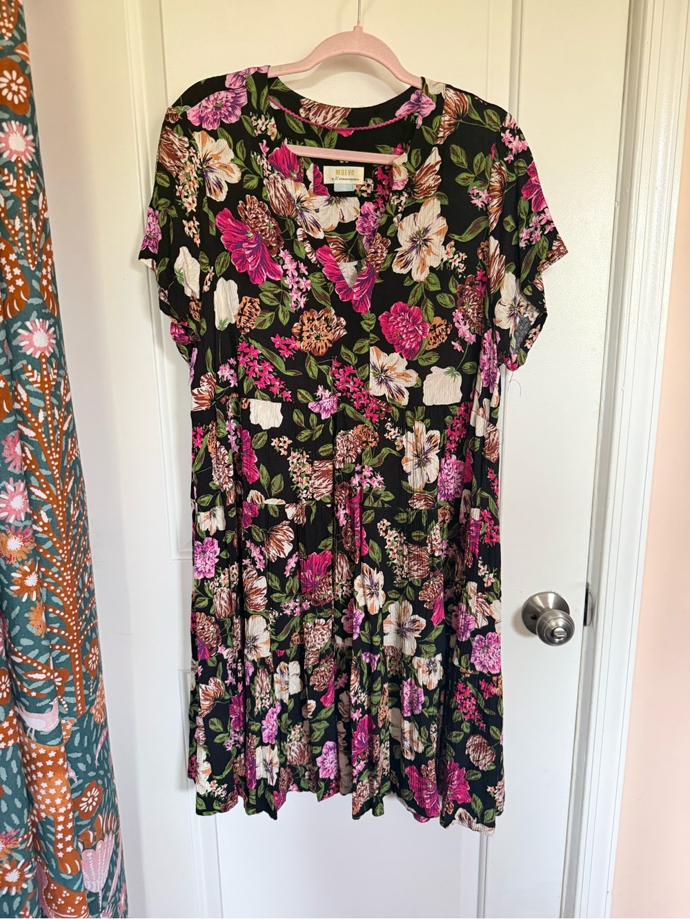 Maeve Black Floral Midi Dress with Pink & Cream Blooms
